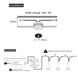 3W RGBW LED recessed spotlight "TITUS" 12VDC black with input and output cable connection